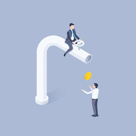 isometric vector illustration on a gray background, the owner of the money, a man in a business suit sits on a large tube with a tap and a gold coin falling out of it into the hands of another personのイラスト素材