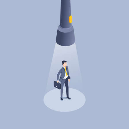 isometric vector illustration on gray background, search professional, big flashlight with yellow button shines on a man in a business suit with a briefcaseのイラスト素材