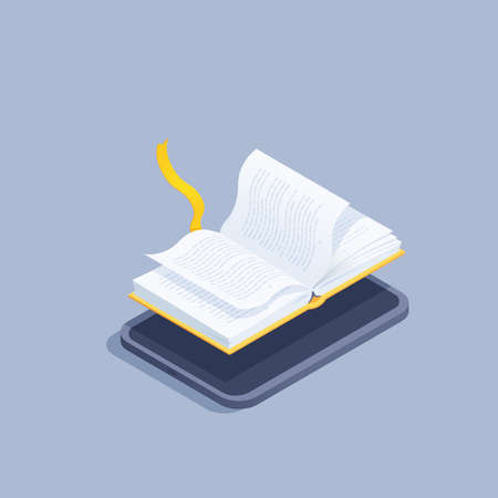 isometric vector illustration on gray background, digital book, open book with developing pages hanging above tablet screen, reading appのイラスト素材