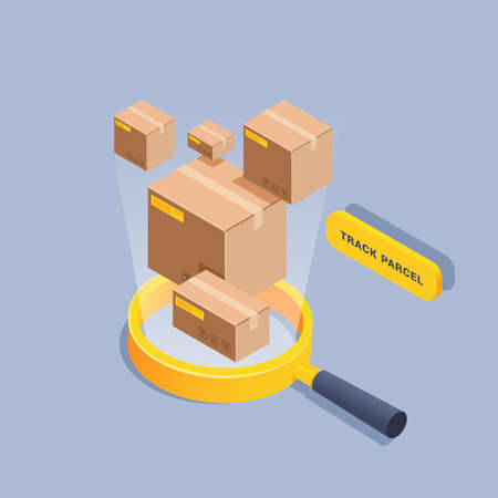 isometric vector illustration on gray background, track the parcel, button near the magnifying glass from which mail boxes fly outのイラスト素材