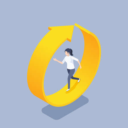 isometric vector illustration on gray background, woman in round yellow arrow, running in a circle