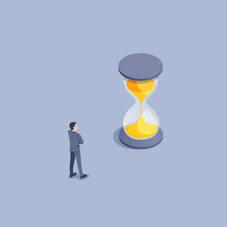 isometric vector illustration on gray background, a man in a business suit looks at the running time...