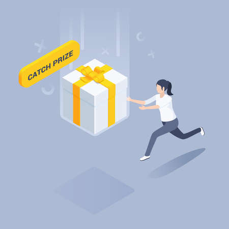 isometric vector illustration on gray background, gift box and button that says catch a prize, woman wants to catch a gift, buy and sell promotionのイラスト素材