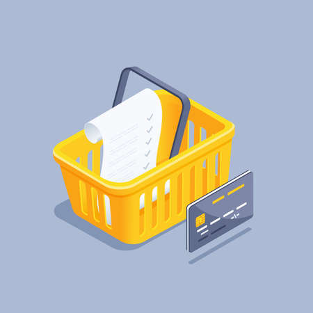 isometric vector illustration on gray background, yellow grocery basket with shopping list and credit card, shopping in online storeのイラスト素材