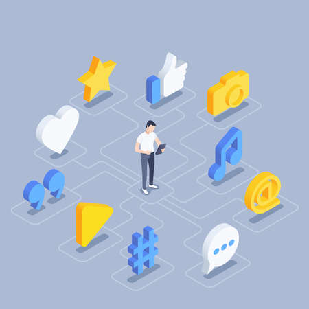 isometric vector illustration on gray background, man with smartphone and social network activity icons, digital life in smartphoneのイラスト素材