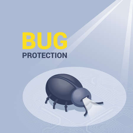 isometric vector illustration on gray background, android beetle on electronic board illuminated by light, bug protectionのイラスト素材