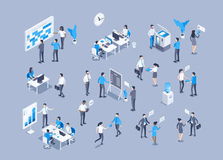 isometric vector illustration on gray background, office workers in different situations, teamwork and collaborationのイラスト素材