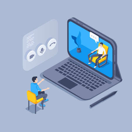 isometric vector illustration on gray background, man communicates online with colleague remotely via tablet, remote video conferenceのイラスト素材