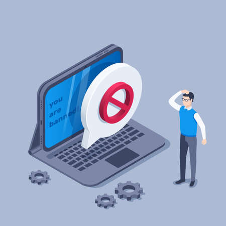 isometric vector illustration on a gray background, a man stands in front of a tablet screen on which you are banned and a text bubble with a prohibiting sign, ban on a website or chatのイラスト素材