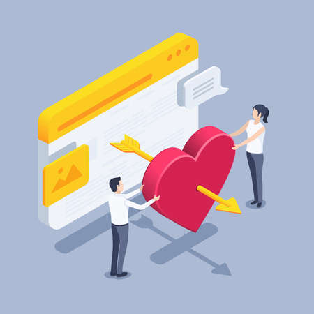 isometric vector illustration on gray background, man and woman holding big heart with arrow near browser window, dating site or Valentine's dayのイラスト素材