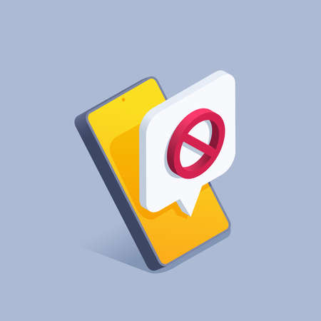 isometric vector illustration on a gray background, a smartphone on the screen of which a message popped up with a ban iconのイラスト素材