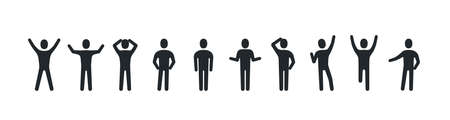 flat vector illustration isolated on white background, black color man icons set, business man silhouette in different posesのイラスト素材