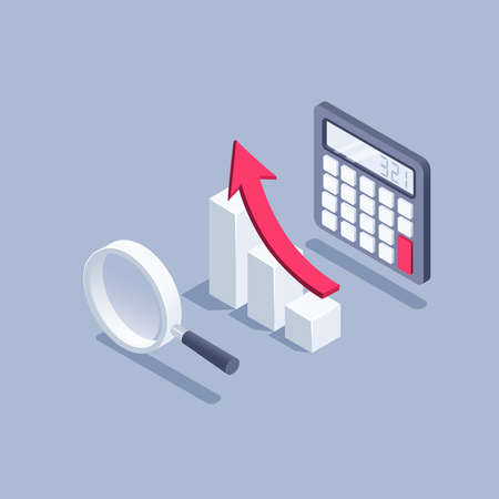 isometric vector illustration on gray background, calculator and chart icon with growing arrow and magnifying glass, financial analysisのイラスト素材