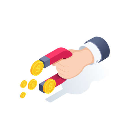 isometric vector illustration on a white background, the hand of a man in a business suit with a magnet and gold coins, attracting and increasing financeのイラスト素材