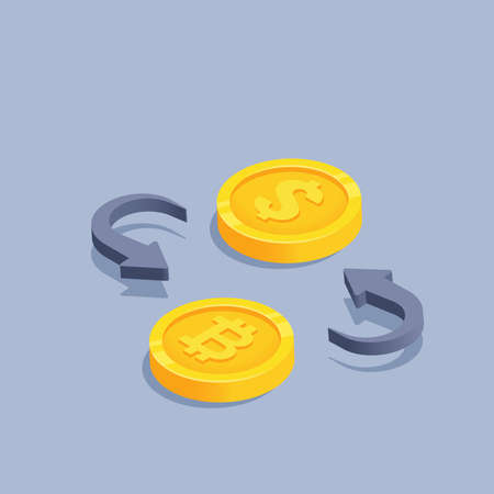 isometric vector illustration on gray background, gold coins with dollar and bitcoin icon, arrows indicating exchange, cryptocurrency exchangeのイラスト素材