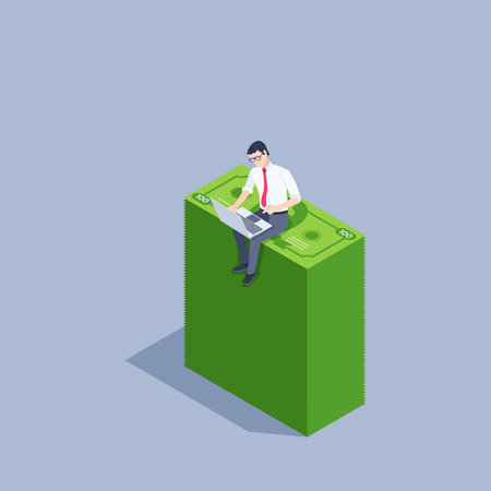 isometric vector illustration on a gray background, a man in business clothes works at a laptop while sitting on a high pile of banknotes, a highly paid jobのイラスト素材