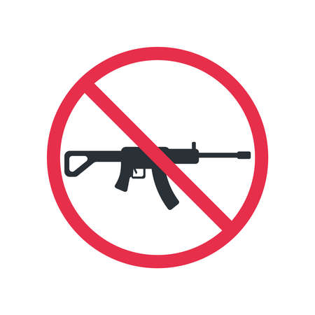 flat vector illustration isolated on white background, icon of prohibition sign with machine gun, prohibition of bringing in weaponsのイラスト素材