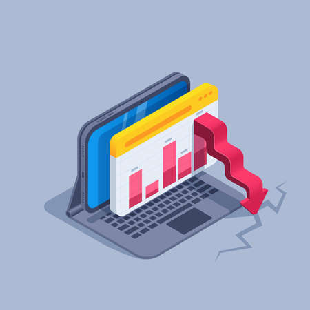 isometric vector illustration on a gray background, a program window is open on the tablet screen with a chart with an arrow pointing downwards creating a crack, economic collapseのイラスト素材