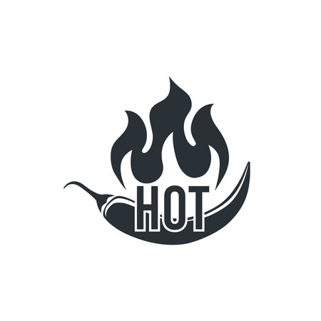 flat vector illustration on white background, hot chili pepper icon and fire with inscription hotのイラスト素材