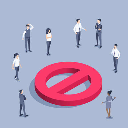 isometric vector illustration on gray background, prohibition sign icon and people standing around it, ban or blocking of people rightsのイラスト素材