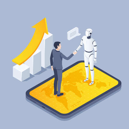 isometric vector illustration on a gray background, a man in a business suit shaking hands with a robot while standing on the tablet screen, chart and arrow, cooperation with artificial intelligenceのイラスト素材
