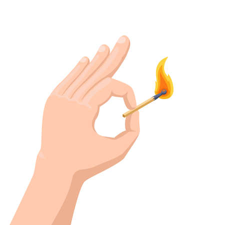 isometric vector illustration isolated on white background, hand with a burning match, fire safety and accurate behavior with fireのイラスト素材