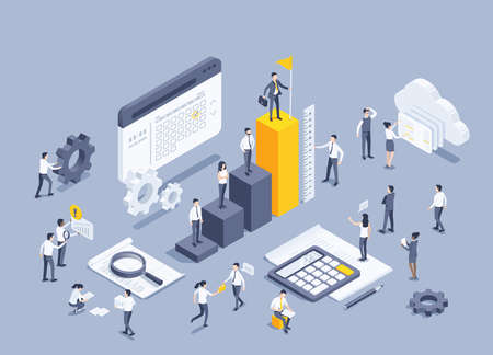 isometric vector illustration on a gray background, a man in a business suit with a flag stands on...