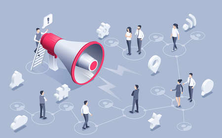 isometric vector illustration on a gray background, a man speaks important information to other...