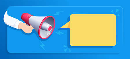 isometric vector illustration on blue background, loudspeaker in male hand and text bubble