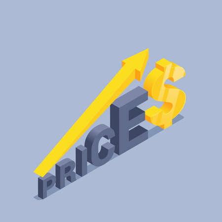 isometric vector illustration on black background, price word and growing arrow with dollar sign, price increaseのイラスト素材
