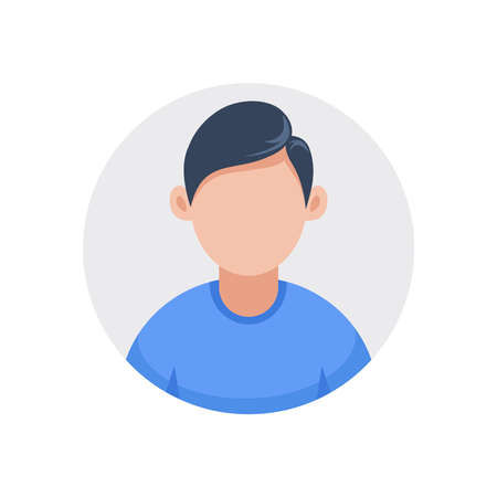 flat vector illustration isolated on white background, round icon of man or boy in blue t-shirt, avatar for social media and chatのイラスト素材