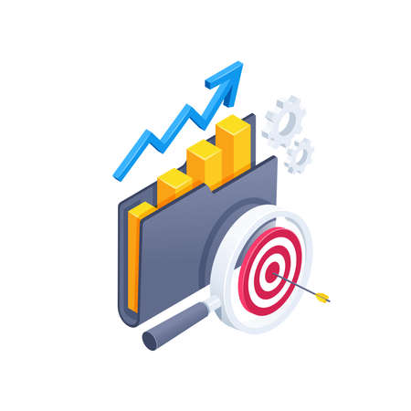 isometric vector illustration isolated on white background, business icon from a set of elements, a folder with a chart and a magnifier with a target, analytical dataのイラスト素材