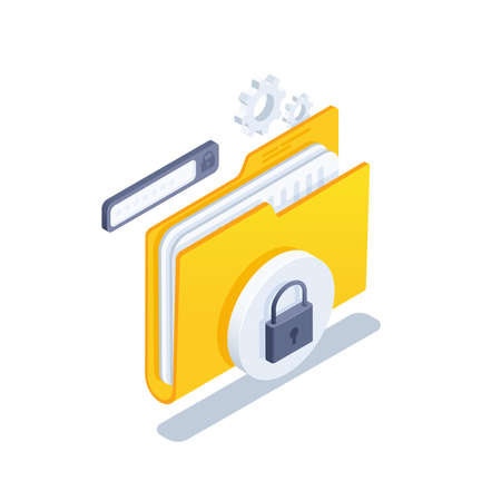 isometric vector illustration on a white background, business icon in the form of a folder with documents and a lock, a field for entering a password and a gear, a secure folderのイラスト素材