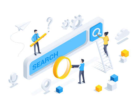 isometric vector illustration on a gray background, people near a large search form with a magnifying glass and a pencil, a woman on a stepladder presses a button, search engineのイラスト素材