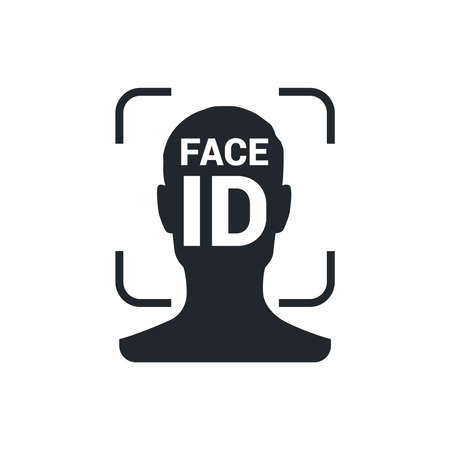 flat vector illustration isolated on white background, human face icon with the inscription face id, scan or face recognitionのイラスト素材