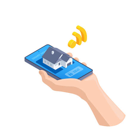 isometric vector illustration isolated on white background, smartphone in hand and house on screen, signal or wireless connection icon, smart home controlのイラスト素材