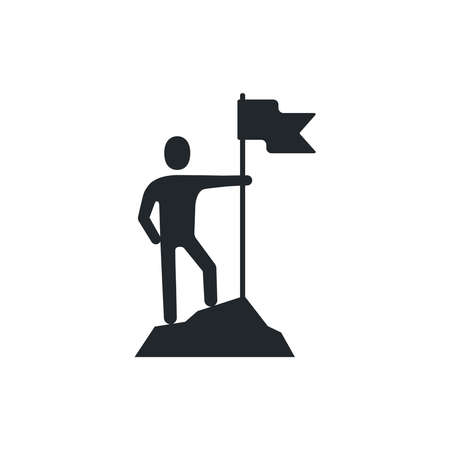 flat vector image on white background, icon of a person with a flag on top of a mountain, achievement of business goals and successのイラスト素材