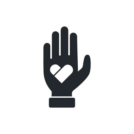 flat vector image on white background, icon of a hand with a heart in the palm, charity and loveのイラスト素材
