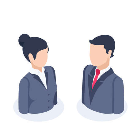 isometric vector illustration isolated on white background, icons of man and woman in business suits, business people avatarのイラスト素材