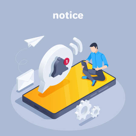 isometric vector illustration isolated on a gray background, notification with bell icon and man on smartphone screen, internet or mail messagesのイラスト素材