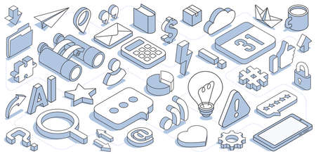 isometric vector illustration on a white background, a set of linear icons in the form of a...