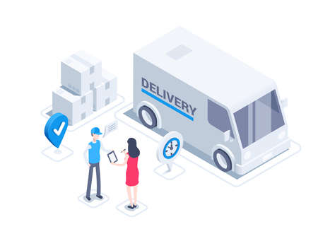 isometric vector illustration isolated on white background, delivery car next to boxes and location icon, woman signs delivery note of receiptのイラスト素材
