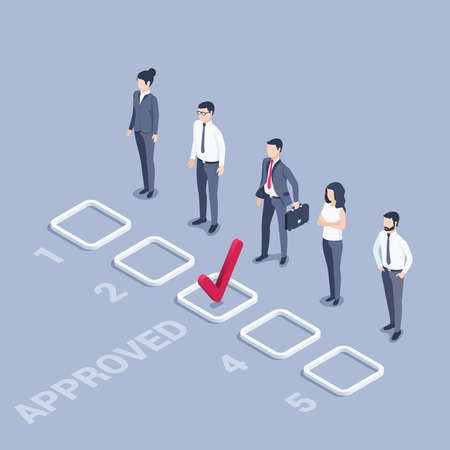 isometric vector illustration on a gray background, men and women in business clothes stand near the...