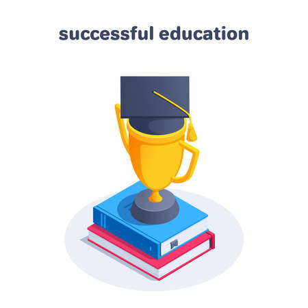 isometric vector illustration isolated on white background, gold cup with bachelor cap on books, successful learning or educationのイラスト素材