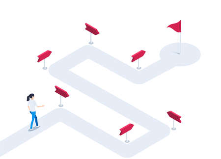 isometric vector illustration on a white background, a woman in business clothes walks along a winding path with pointers leading to a flag, a road or route to successのイラスト素材