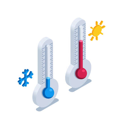 isometric vector illustration isolated on white background, thermometer icon showing air temperature...