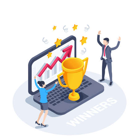 isometric vector illustration on white background, people in business suits celebrate achieving a goal and receiving a trophy, joy of success or winnersのイラスト素材