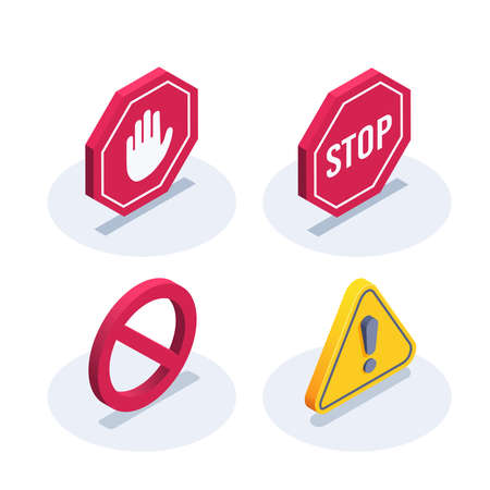 isometric vector illustration on a white background, a set of prohibition icons in the form of road signs, triangular and round shapes and octagonalのイラスト素材