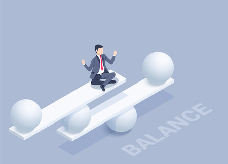 isometric vector illustration on a gray background, a man in a business suit in a lotus position sits on a balancing structure of balls and flat rectangles, achieving internal balanceのイラスト素材