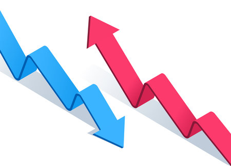 isometric vector image on a white background, stepped arrows of blue and red color directed oppositely up and down, flow and growth in the economyのイラスト素材